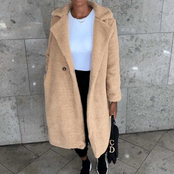 Camel Teddy Long Coat - Picture 1 of 4
